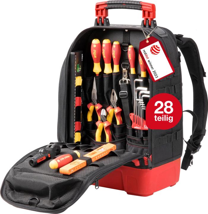 Produktbild Wiha Elektriker Werkzeugrucksack 27tlg Elektriker Grundausstattung stabiler Standboden Laptopfach (27 Teile)