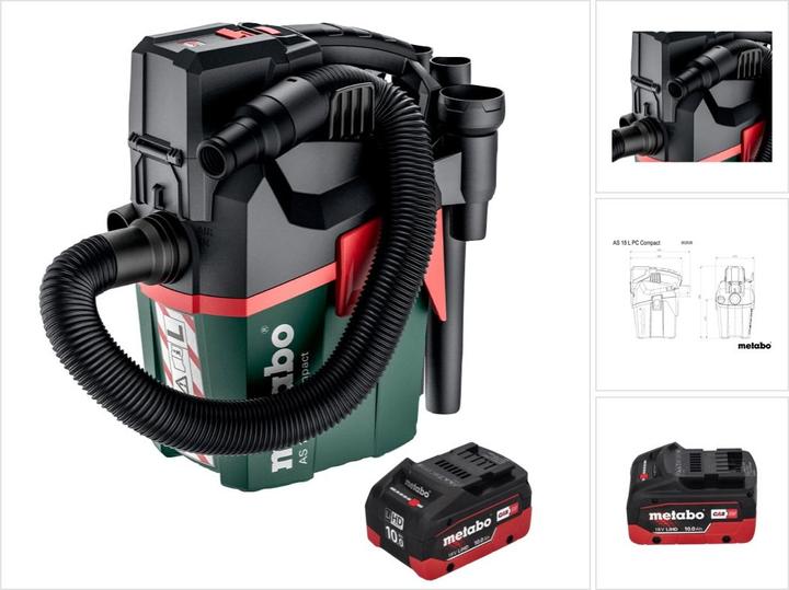 Metabo AS 18 L PC Compact Akku Sauger 18 V 6 l IPX4 Staubklasse L Nass und Trocken + 1x Akku 10,0 (Aspirapolvere a umido e a secco)