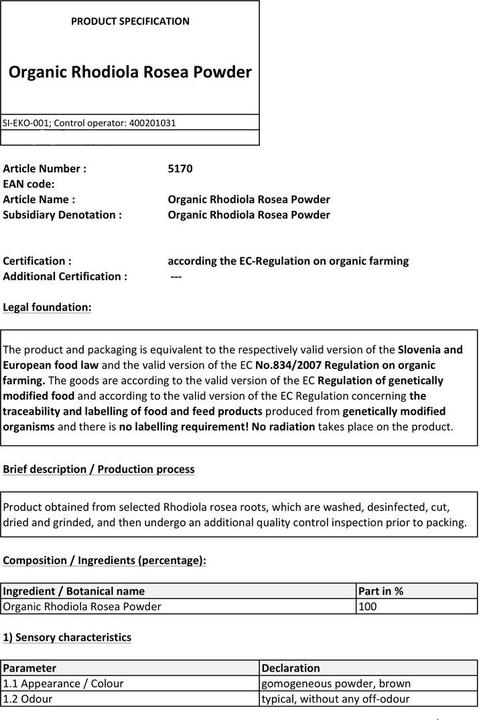 Nährwerte und Zutaten Zimmerli Adaptogene Rhodiola Rosea Pulver (BIO) (1 Stück, Pulver, 100 g)