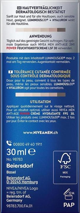 Nährwerte und Zutaten NIVEA MEN Men Power Anti-Age Serum 2in1 (30 ml)