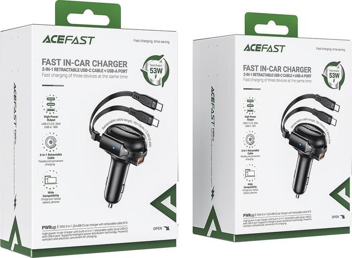 Actual product image Acefast Car Charger B13, 53W, 2xUSB-C, with retractable cable (black)