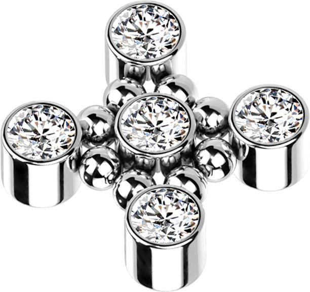 Star Piercing Dermal Anchor silber Quadratisch acht Kugeln fünf Kristalle silber (Titan G23, ohne Messing)