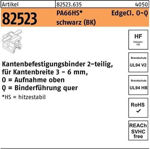 Produktbild HellermannTyton Befestigungsbinder R 82523 m.Edgeclip 4,6 x 200/45 PA66HS schwarz oben-quer (Befestigungsschlaufen, 200 mm, 500 Stk.)