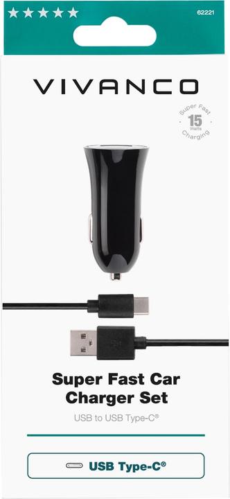 Produktbild Vivanco USB-C AUTOLADER, schwarz 62221 USB-C AUTOLADER + 1M USB-C KABEL