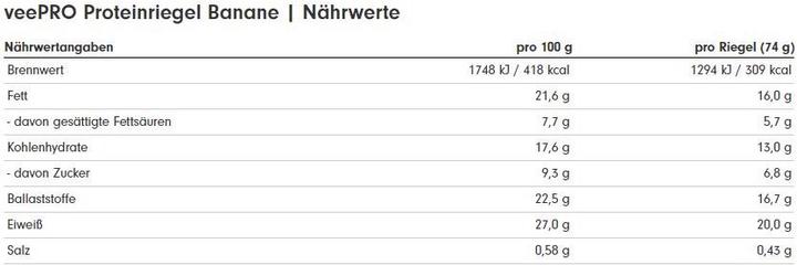 Nährwerte und Zutaten ProFuel veePro Proteinriegel (12 x 74g) (Banane, 1 Stk., 888 g)