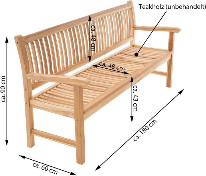Produktbild VCM 3-Sitzer Gartenbank Parkbank hochwertig massiv Teak Holz natur 180 cm