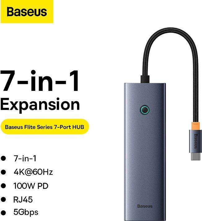 Actual product image Baseus Hub 7w1 UltraJoy 7-Port ( USB-C to 1xHDMI4K@30Hz + 2xUSB 3.0 + 1xPD +RJ45 + SD/TF3.0) (7 Ports)