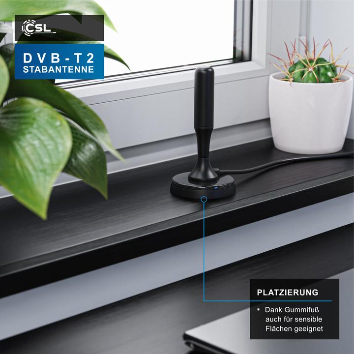 Actual product image CSL DVB-T2 rod antenna for indoor use, digital antenna with 4m cable / incl. F-plug adapter (Monopole antenna, 5 dB, DVB-T / -T2)