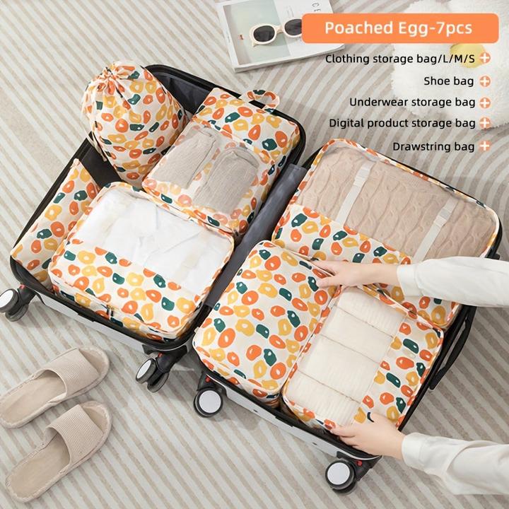 Only-Bags.Store 7 Stück Reiseverpackungswürfel mit Obstdruck, tragbare Mesh-Kleidungsaufbewahrungstasche