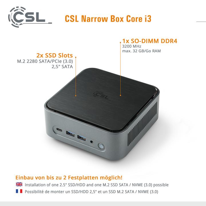 Immagine prodotto CSL Mini PC Narrow Box Core i3 / 32GB / 1000 GB M.2 SSD / Win 11 Home (Intel Core i3-N305, 32 GB, 1000 GB, Grafica Intel UHD)