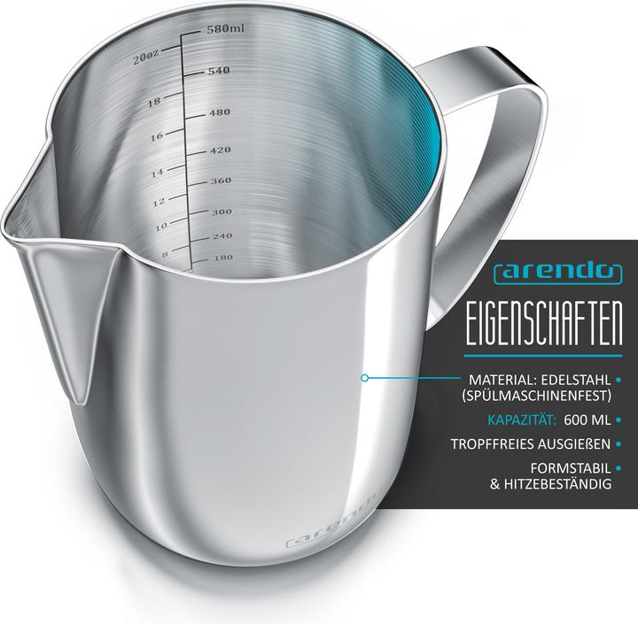 Produktbild Arendo Milchkännchen 600 ml mit Messskala, Edelstahl Milchkanne, Aufschäumer Kännchen, Barista Milk Pitcher