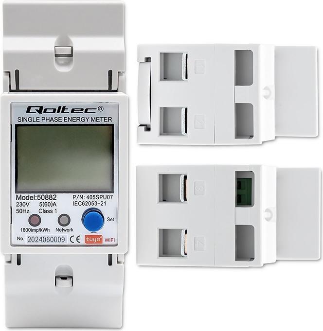 Actual product image Qoltec 50882 Single phase electronic energy consumption meter for DIN rail | Wi-Fi | TUYA | 230V | L