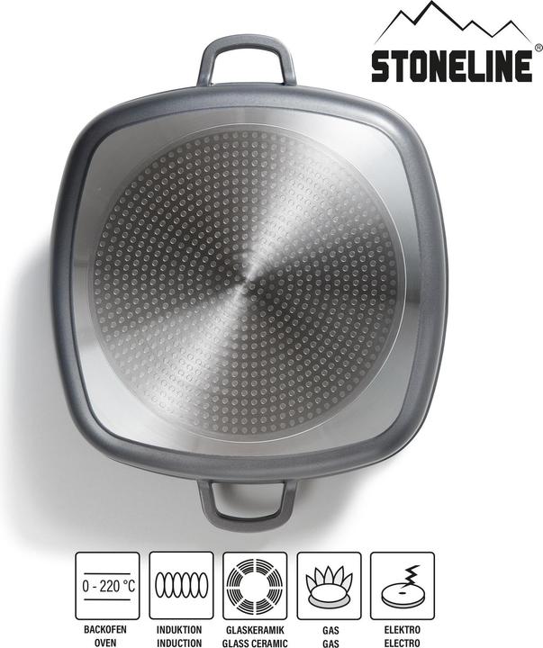 Produktbild Stoneline Eckpfanne 32x32 cm mit Aroma Glasdeckel, Pfanne rechteckig, Backofen, Induktion geeignet (32 cm, Pfannenset + Topfset, Aluminium)