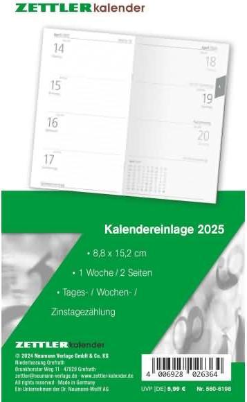 Productafbeelding Vervangingskalender inlegvel 2025, 8.8x15.2cm, vervangingsinlegvel voor zakplanner type 560, in (Duits)