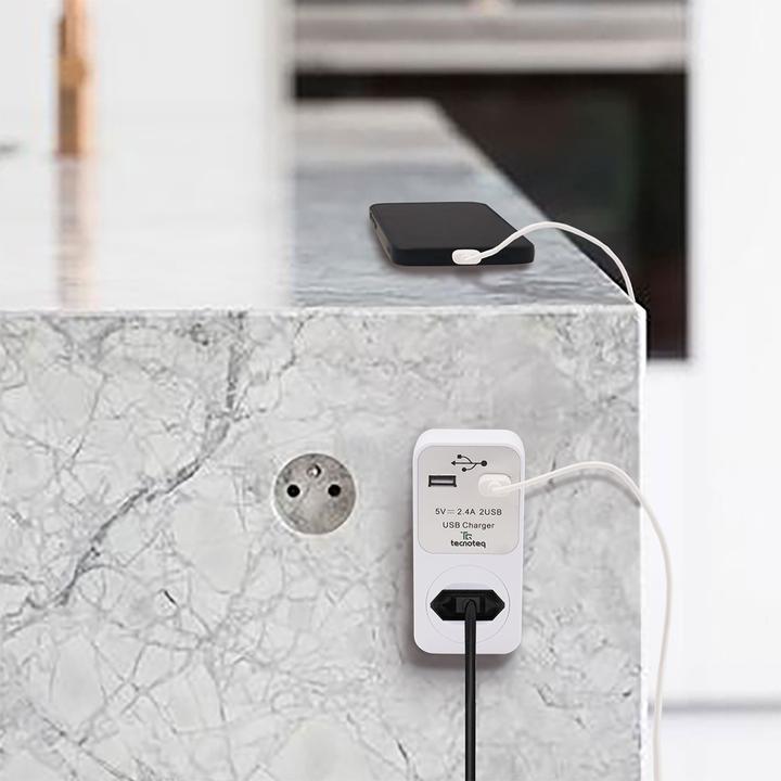 Actual product image Tecnoteq Socket outlet with 2x USB charging port 2.4A overvoltage protection, Swiss-Edition