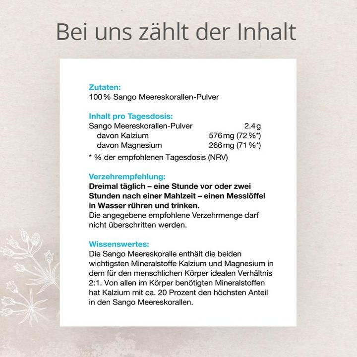 Valeurs nutritives et ingrédients Effective Nature Corail de mer Sango (1 pièce(s), Poudre, 100 g)