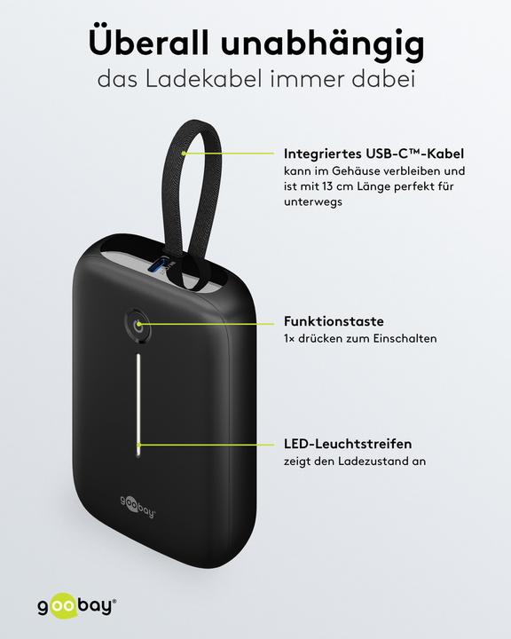 Produktbild Goobay Powerbank 10.000 mAh mit integriertem USB-C-Kabel (10000 mAh, 15 W)