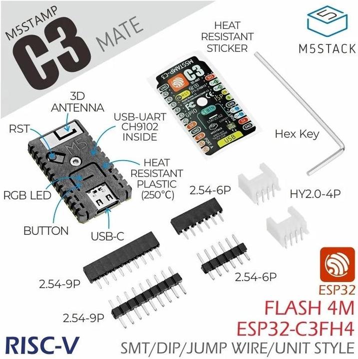 Produktbild M5Stack Entwicklerboard M5Stamp C3 Mate mit Pin Headers