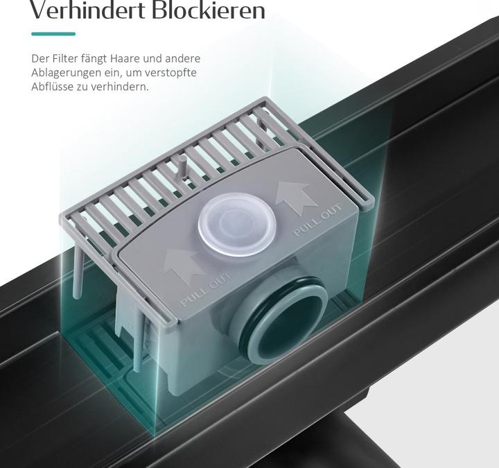 Produktbild Emke Duschrinne Edelstahl, Bodenablauf Komplettset Siphon mit Geruchsstop, Haarsieb, 800cm, Schwarz (800 mm)