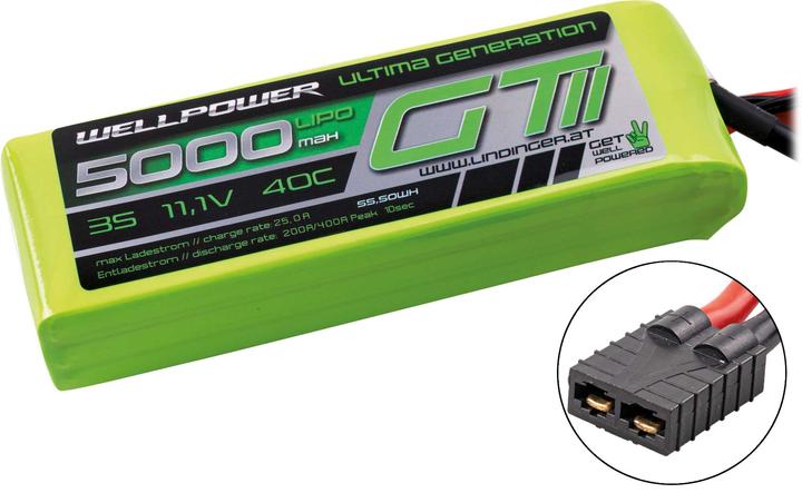 Image du produit Wellpower LIPO AKKU ULTIMA GT II Car 5000 mAh / 11,1Volt 3S 40/80C CH5/8 TRX (11.10 V, 5000 mAh)