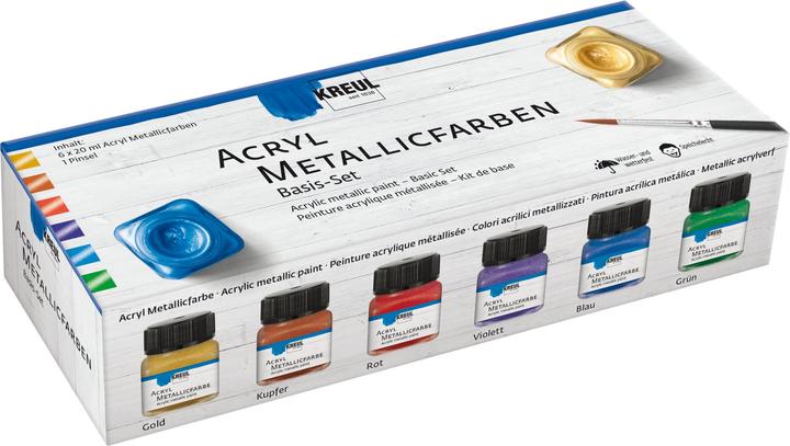 Actual product image Kreul acrylic metallic colours, basic set, 6 x 20 ml (Violet, Green, Gold, Blue, Copper, Red, 120 ml)