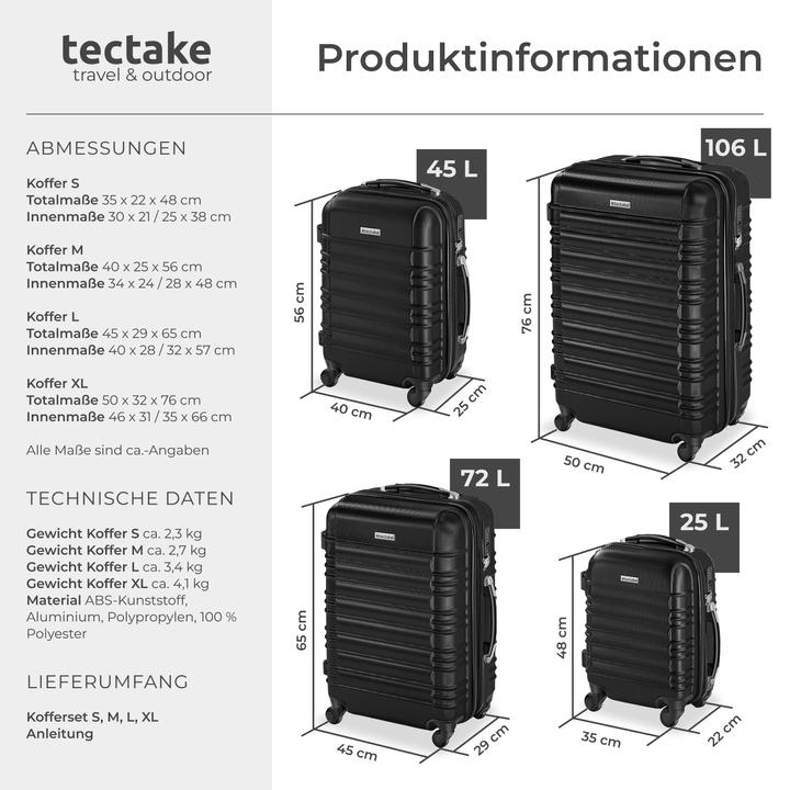 Image du produit tectake Set de 4 Valises (106 l, Bagage à main (jusqu'à 50l), M (50 - 90l), L (90 - 115l), XL (à partir de 115l))