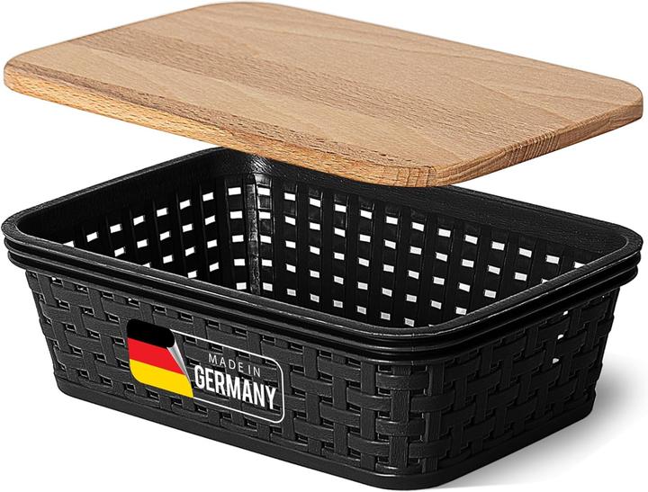 Produktbild Novaliv Aufbewahrungsbox mit Holzdeckel Mini 1L Korb Schwarz in Rattan Design Lebensmittelecht Aufbe (20 x 14 x 7 cm, 1 l)