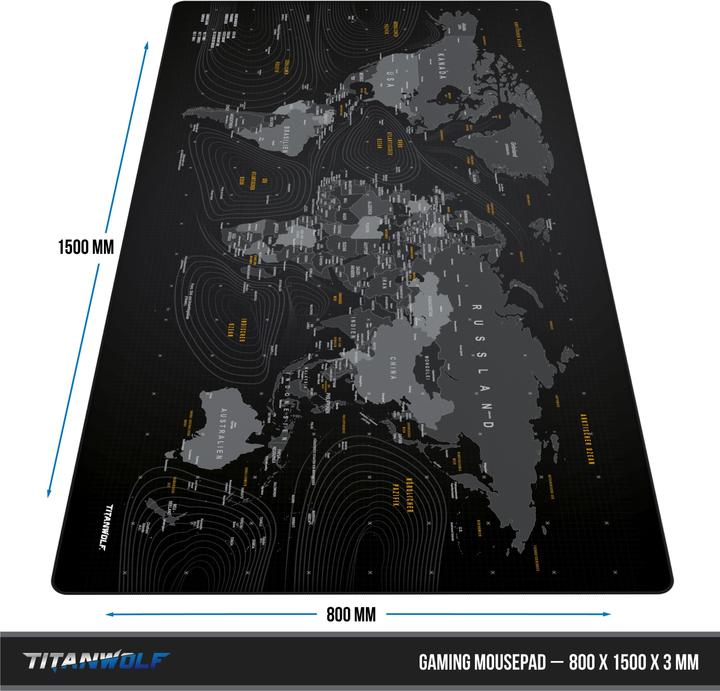 Produktbild Titanwolf Gaming Mauspad, XXXL 1500 x 800 x 3 mm Mausmatte Extralarge / Waschbar, Weltkarte (XXL)