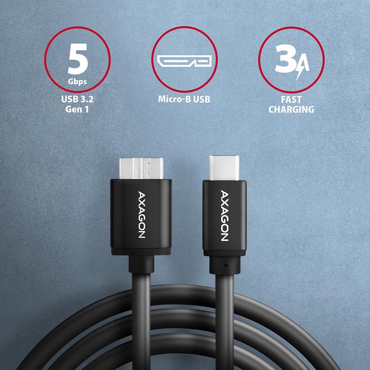 Image du produit Axagon BUMM3-CM10AB Câble Micro-B USB vers USB-C 3.2 Gen 1 (1 m, USB 3.2 Gen 1, 5 W)
