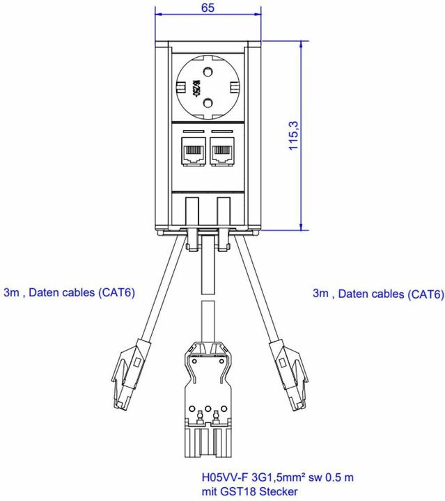 Actual product image Bachmann ELEVATOR power strip 1x Schuko 2x LAN chrome matt (1 x, CEE 7/3, RJ45, 0.50 m)