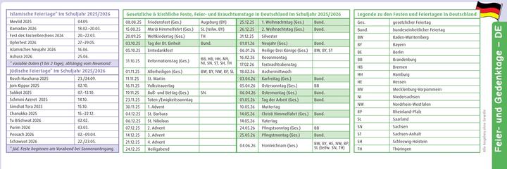 Valeurs nutritives et ingrédients Le calendrier hebdomadaire de table pour l'année scolaire 2025/2026 (Allemand)
