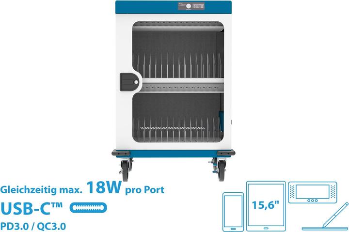 Image du produit Good Connections GC Chariot de chargement pour 32 appareils, USB-C, 18W par port, PD 3.0, QC 3.0, blanc/bleu (700 W)