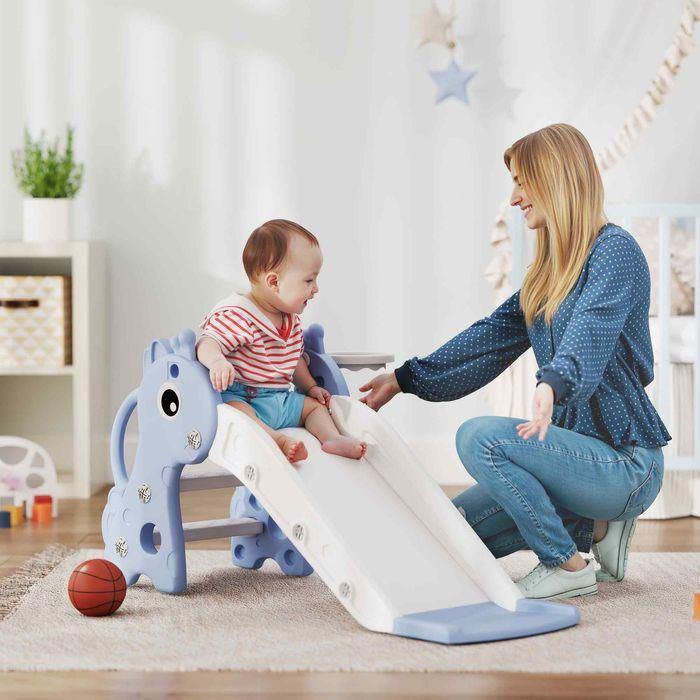 Actual product image Swisshandel24 Kinderrutsche, 3 in 1, Kleinkinderrutsche mit Basketballkorb, Basketball, Blau