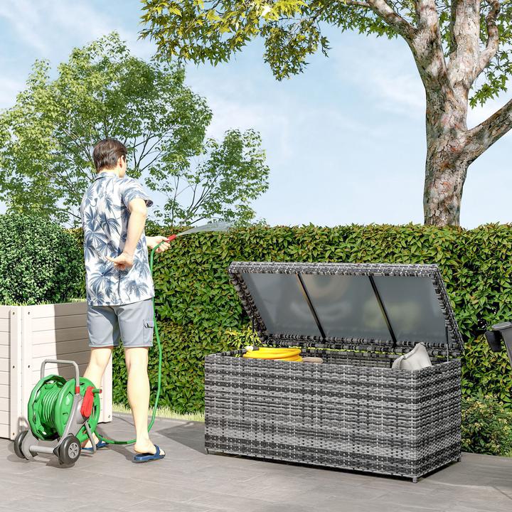 Produktbild Outsunny Rattan Auflagenbox Stahl, PE-Rattan Dunkelgrau