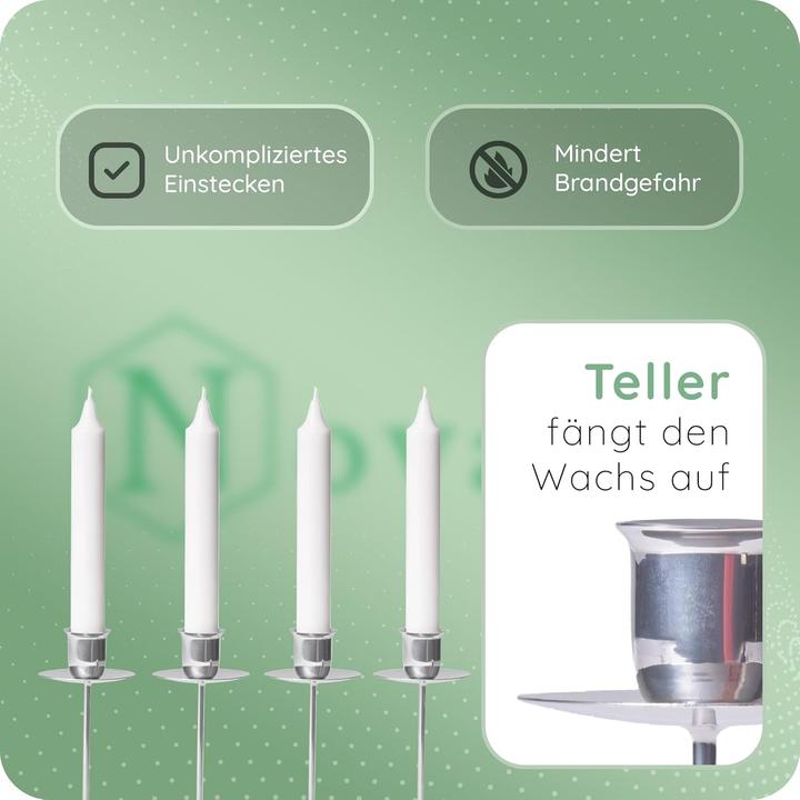 Produktbild Novaliv 4x Stabkerzenhalter Adventskranz SILBER mit Teller Kerzenteller zum Stecken rund Kerzenpick