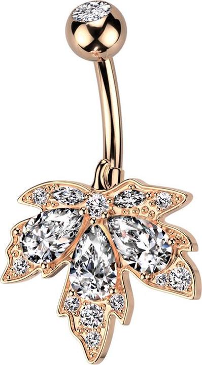 Star Piercing Banane rosegold mit Kugel rosegold Kristall silber und Ahornblatt Kristalle silber (Chirurgenstahl 316L, Messing)