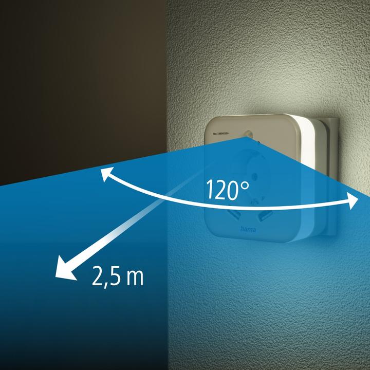 Produktbild Hama LED-Nachtlicht mit Steckdose, 2 USB-Ausgänge, Bewegungsmelder, Lichtsensor