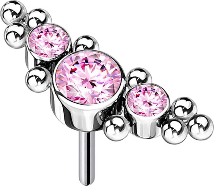 Star Piercing Threadless silber mittig mit Kugeln und drei Kristalle pink (Titan G23, ohne Messing)