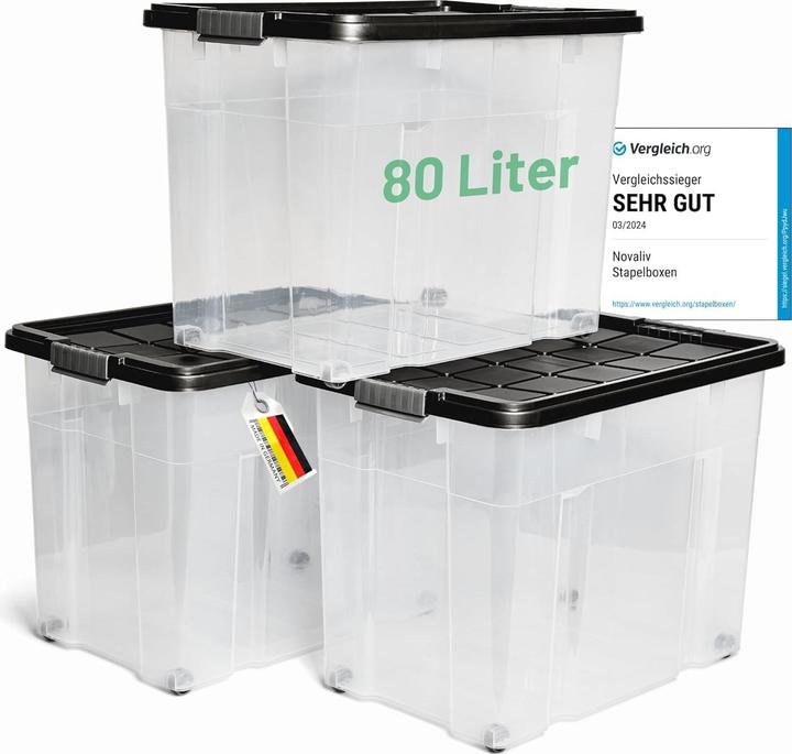 Produktbild Novaliv 3x Aufbewahrungsboxen mit Deckel Gross 80L Anthrazit nestbar stapelbar mit Clipverschluss Rol (61 x 40 x 45 cm, 80 l)