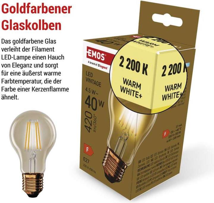 Immagine prodotto Emos Lampada LED vintage A60 / E27 / 4,5 W (40 W) / 420 lm / Bianco caldo (E27, 4.50 W, 420 lm, 1 x, F)