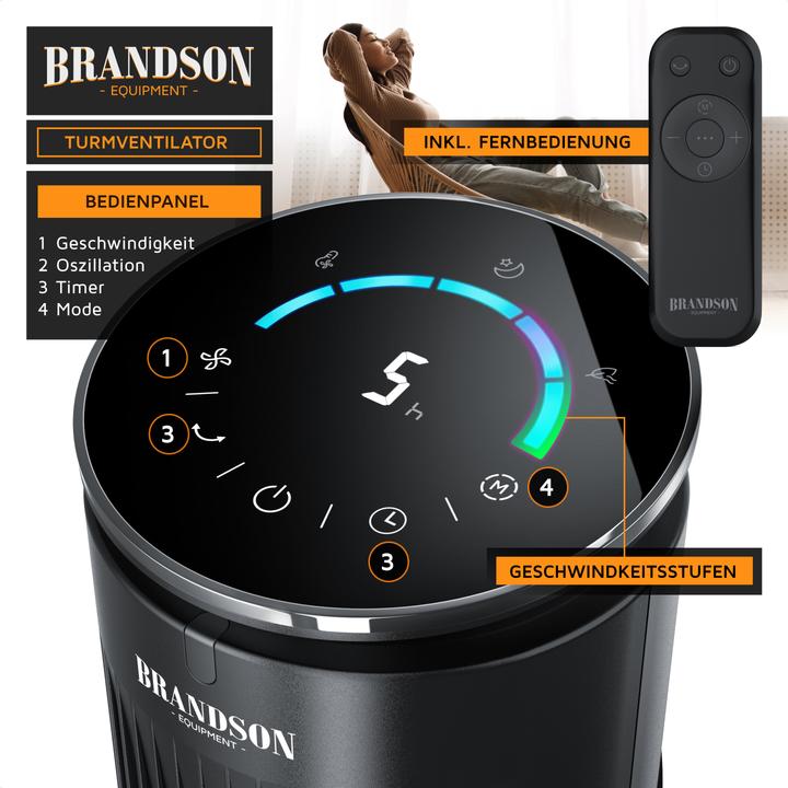 Actual product image Brandson Turmventilator, Fernbedienung, Aromafach, 40 W, Oszillation, 3 Modi, Timer, leise, Standventilator (40 dB)