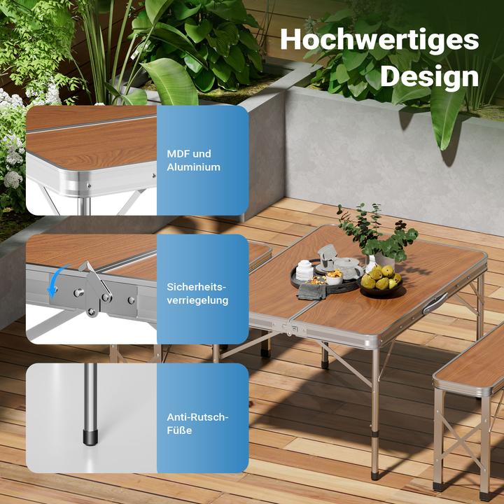 Produktbild Wiltec Koffertisch mit 2 Bänken Holzdesign Aluminium Campingtisch Klapptisch