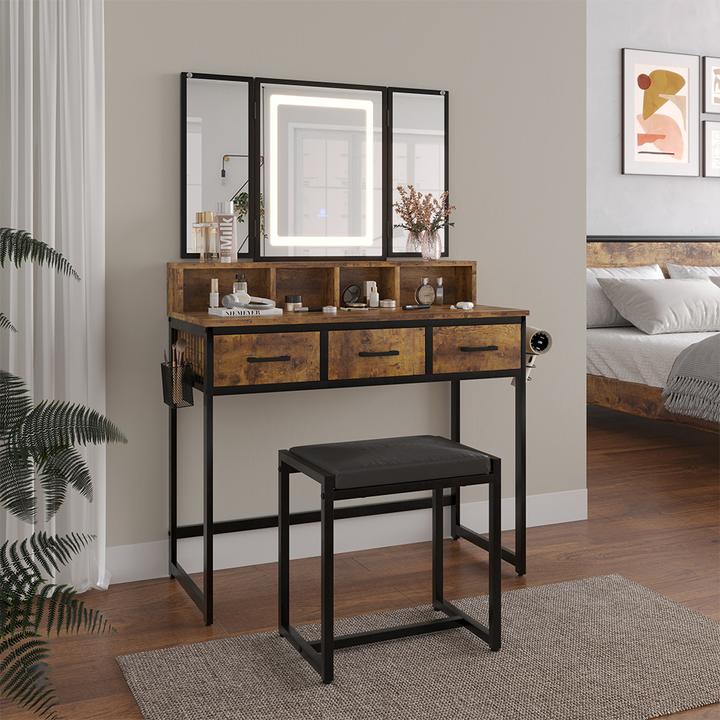 Produktbild Vichy Schminktisch Fyrk, Eiche rustikal, 90 cm mit Hocker und LED-Spiegel (90 x 40 x 137.5 cm)