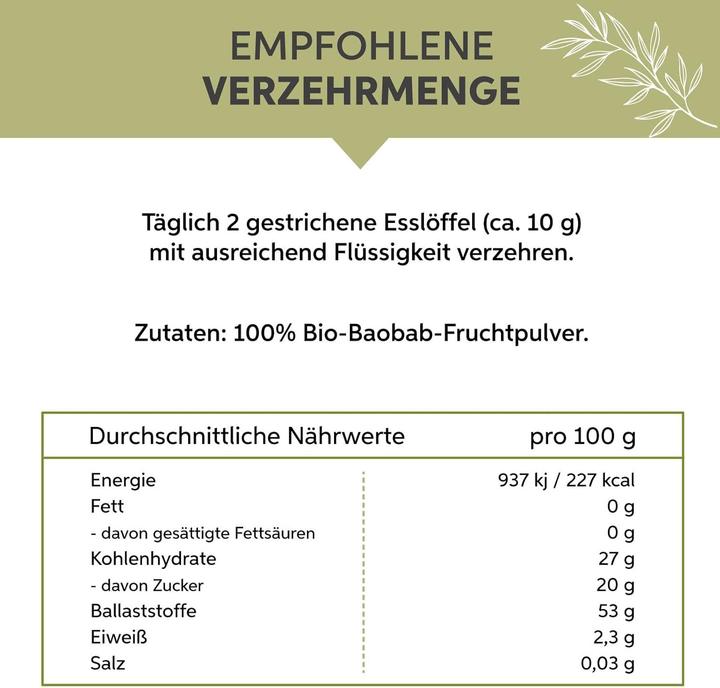 Nährwerte und Zutaten Eltabia Bio Baobab-Pulver | Affenbrotbaum gemahlen | Apothekerbaum in Rohkost Qualität (Pulver, 100 g)