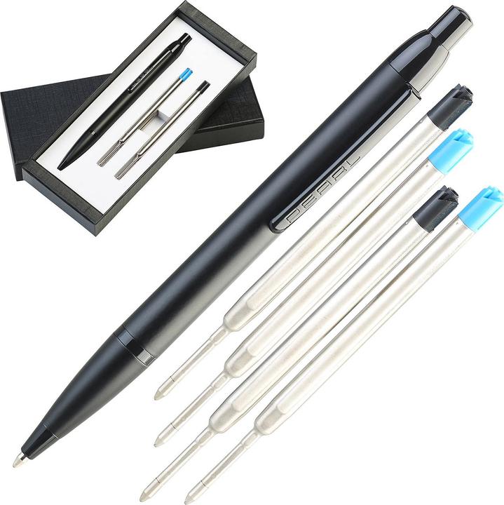 Produktbild Pearl Hochwertiger Druck-Kugelschreiber in Geschenkbox mit 4 Ersatzminen (Schwarz)