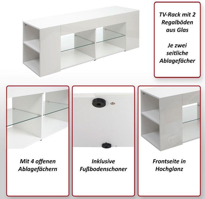 Produktbild Mendler TV-Rack HWC-L36, Holz 50x144x40cm Staufach, hochglanz weiss