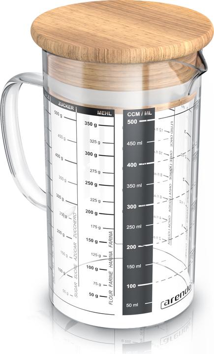 Produktbild Arendo Messbecher 500 ml aus Glas, 0,5 L, luftdicht, Bambusdeckel, Silikondichtung für Mehl, Zucker uvm. (500 ml)