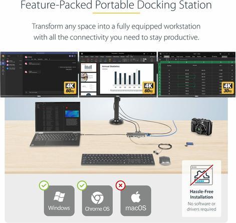 Produktbild StarTech COM Drei Monitor USB-C Multiport Adapter 2x 4K 60Hz + 4K 30Hz HDMI & DP 4x USB-A 100W GbE L (USB-C, 4 Ports)