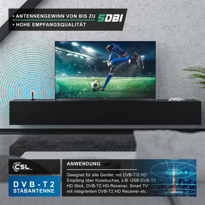 Actual product image CSL DVB-T2 rod antenna for indoor use, digital antenna with 4m cable / incl. F-plug adapter (Monopole antenna, 5 dB, DVB-T / -T2)