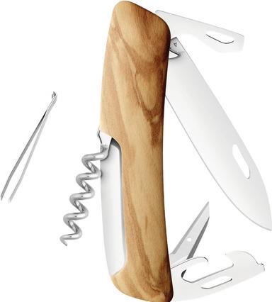 Swiza Taschenmesser D03, Stahl 440, Klingensperre, Olivenholz-Griffschalen, 11 Funktionen